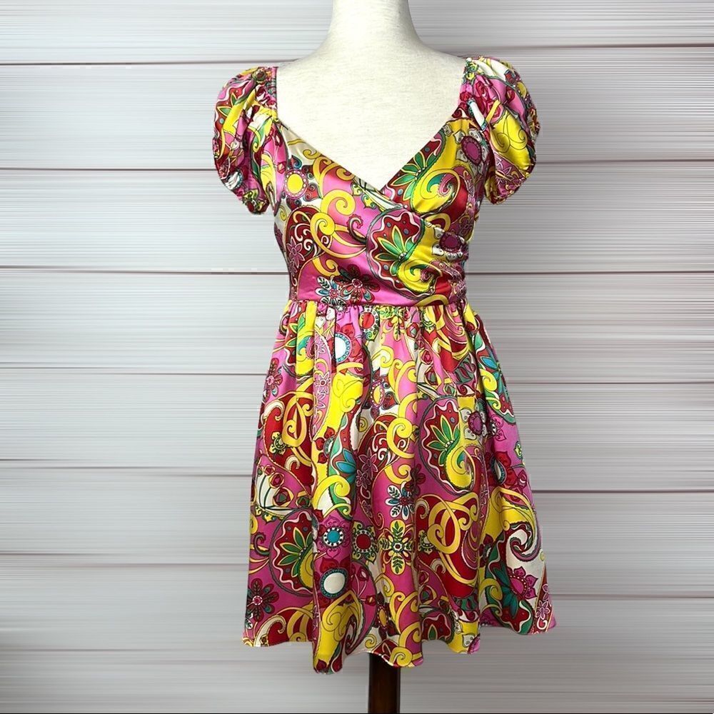 NWT Betsey Johnson Short Silk Dress Tie Waist Floral Paisley Faux Wrap